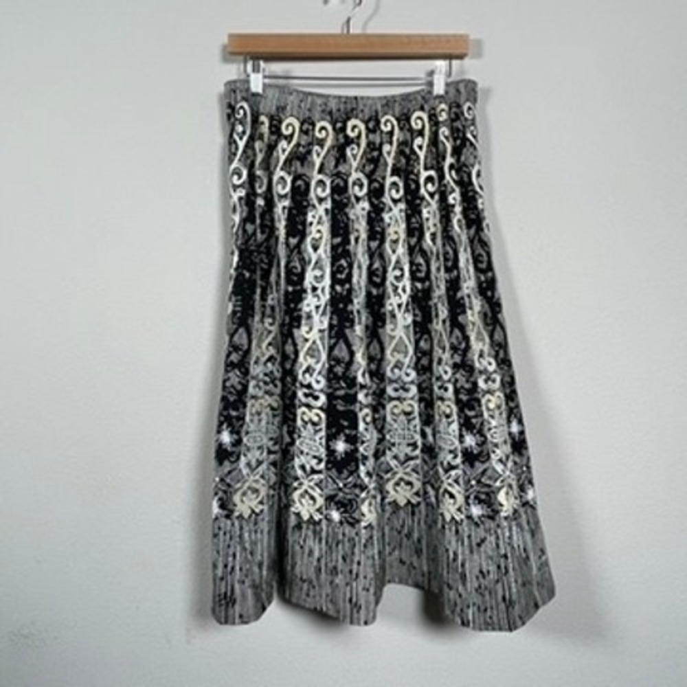 Basil & Maude Beaded Sequin Vintage Midi Skirt Womens 10 Black White Artsy